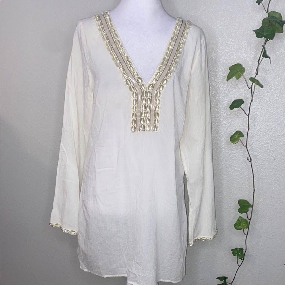 Kanika Taylor Elegant Cream V-Neck Women's Top, long sleeve 100% Cotton Size L